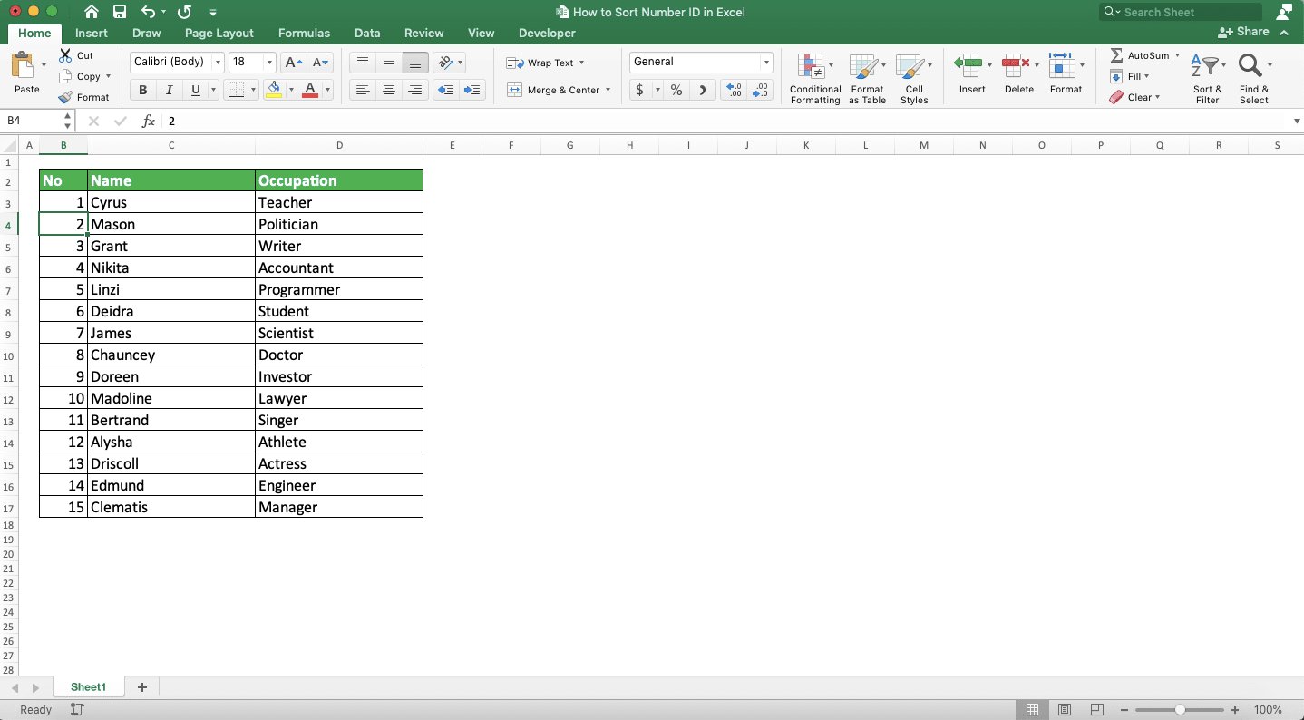 How to Sort Number ID in Excel - Screenshot of Step 2 of Using Right-Click to Sort Number ID in Excel