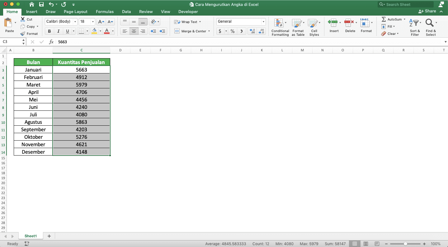 How to Sort Numbers in Excel - Screenshot of How to Sort Numbers in Ascending Order, Step 1