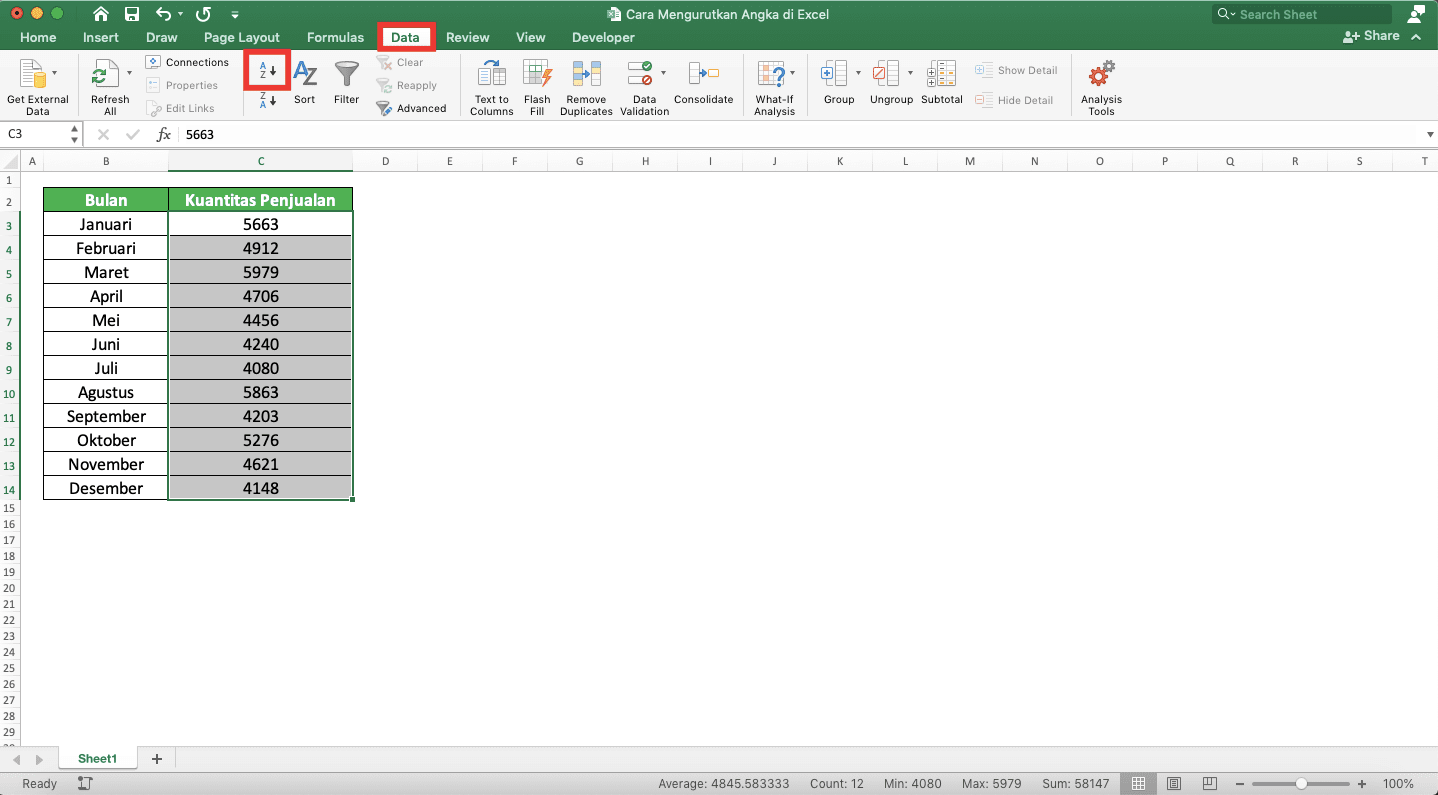 How to Sort Numbers in Excel - Screenshot of How to Sort Numbers in Ascending Order, Step 2