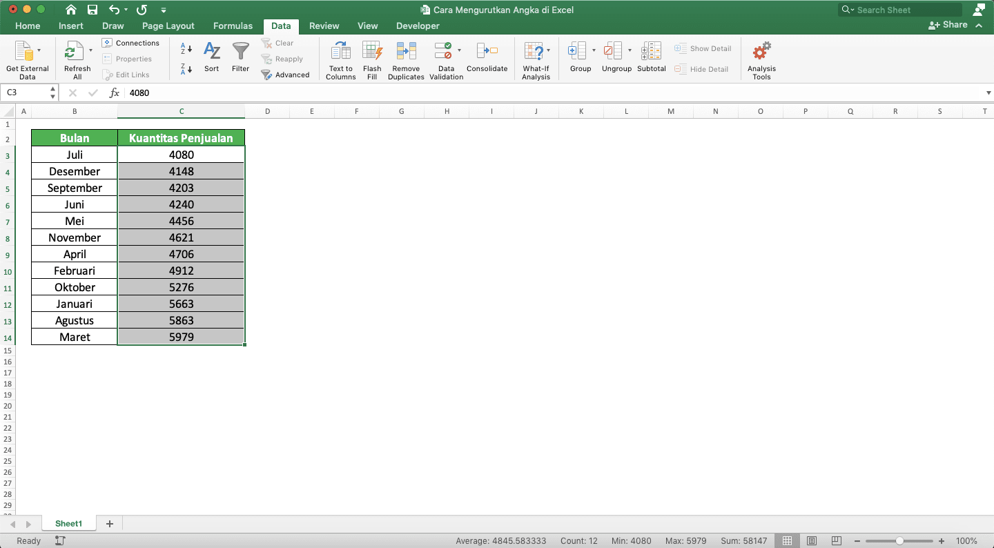 How to Sort Numbers in Excel - Screenshot of How to Sort Numbers in Ascending Order, Step 4