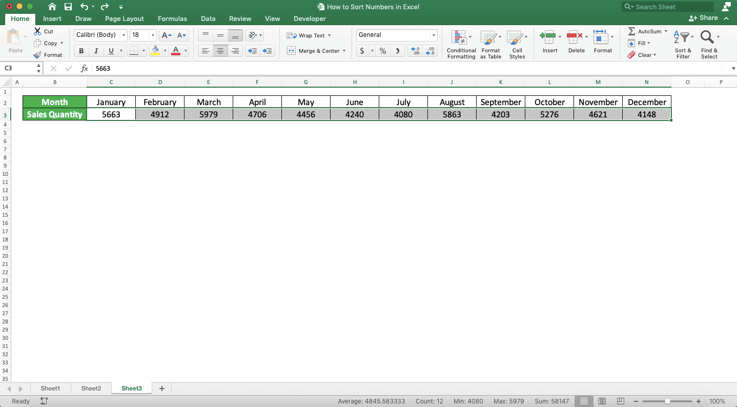 How to Sort Numbers in Excel - Screenshot of How to Sort Numbers in a Row, Step 1