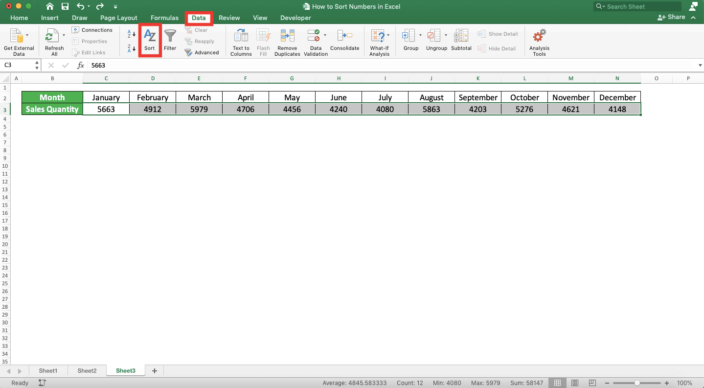 How to Sort Numbers in Excel - Screenshot of How to Sort Numbers in a Row, Step 2