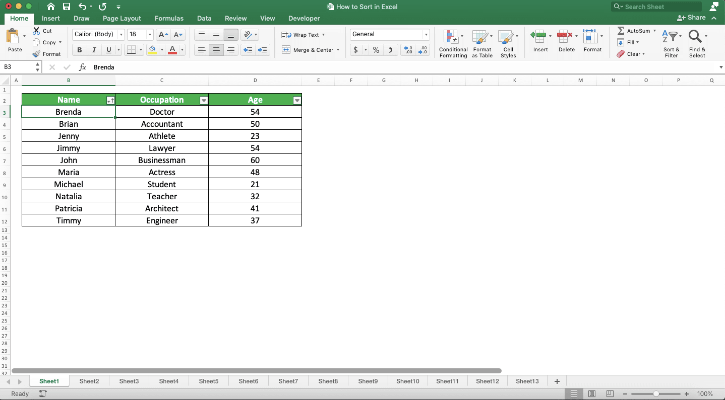 How to Sort in Excel - Screenshot of the Sort Result Example by Using a Filter Button