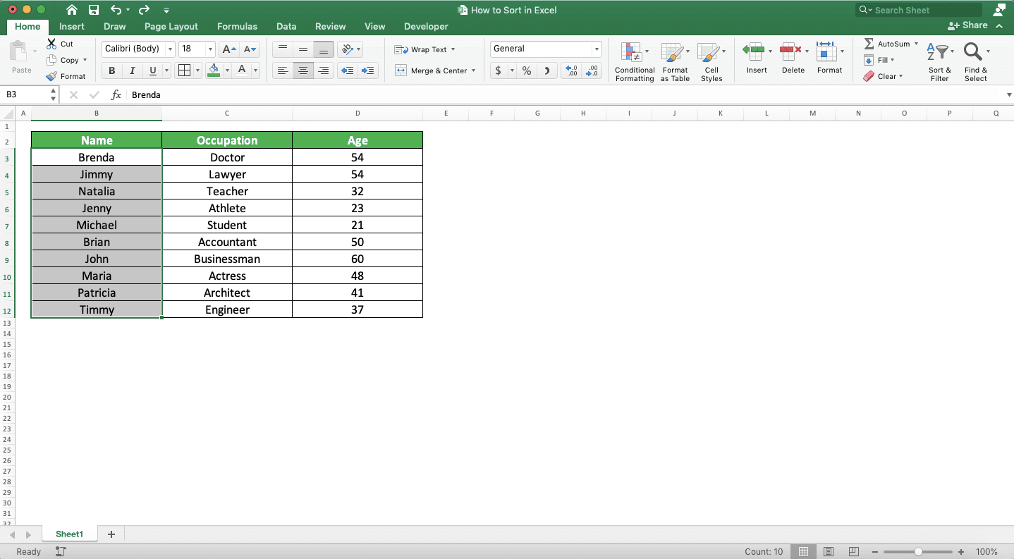 How to Sort in Excel - Screenshot of How to Sort Alphabetically, Step 1