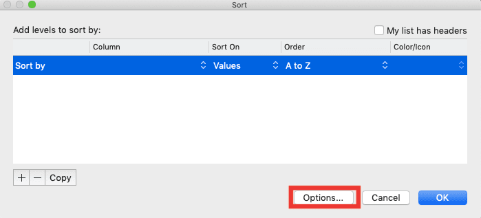 How to Sort in Excel - Screenshot of the Options... Button Location in the Sort Dialog Box