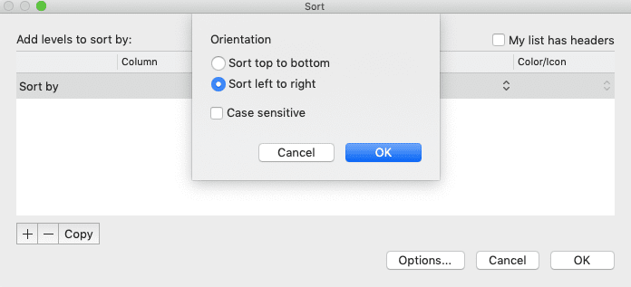 How to Sort in Excel - Screenshot of the Sort left to Right Settings Example in the Options Dialog Box