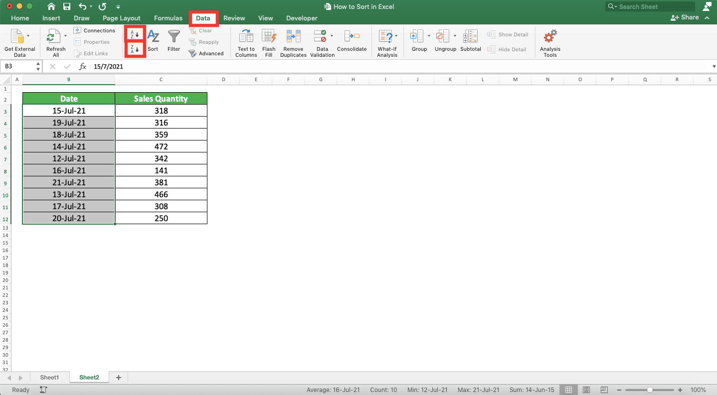 How to Sort in Excel - Screenshot of the Data Tab and Two Sort Buttons Locations