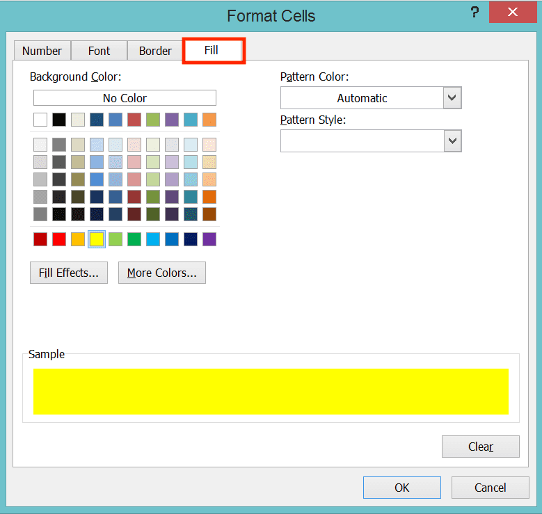 How to Sort in Excel - Screenshot of the Fill Tab Location in the Format Dialog Box