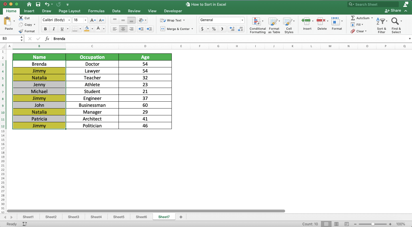 How to Sort in Excel - Screenshot of the Conditional Formatting Result Example to Color Cells with Duplicates