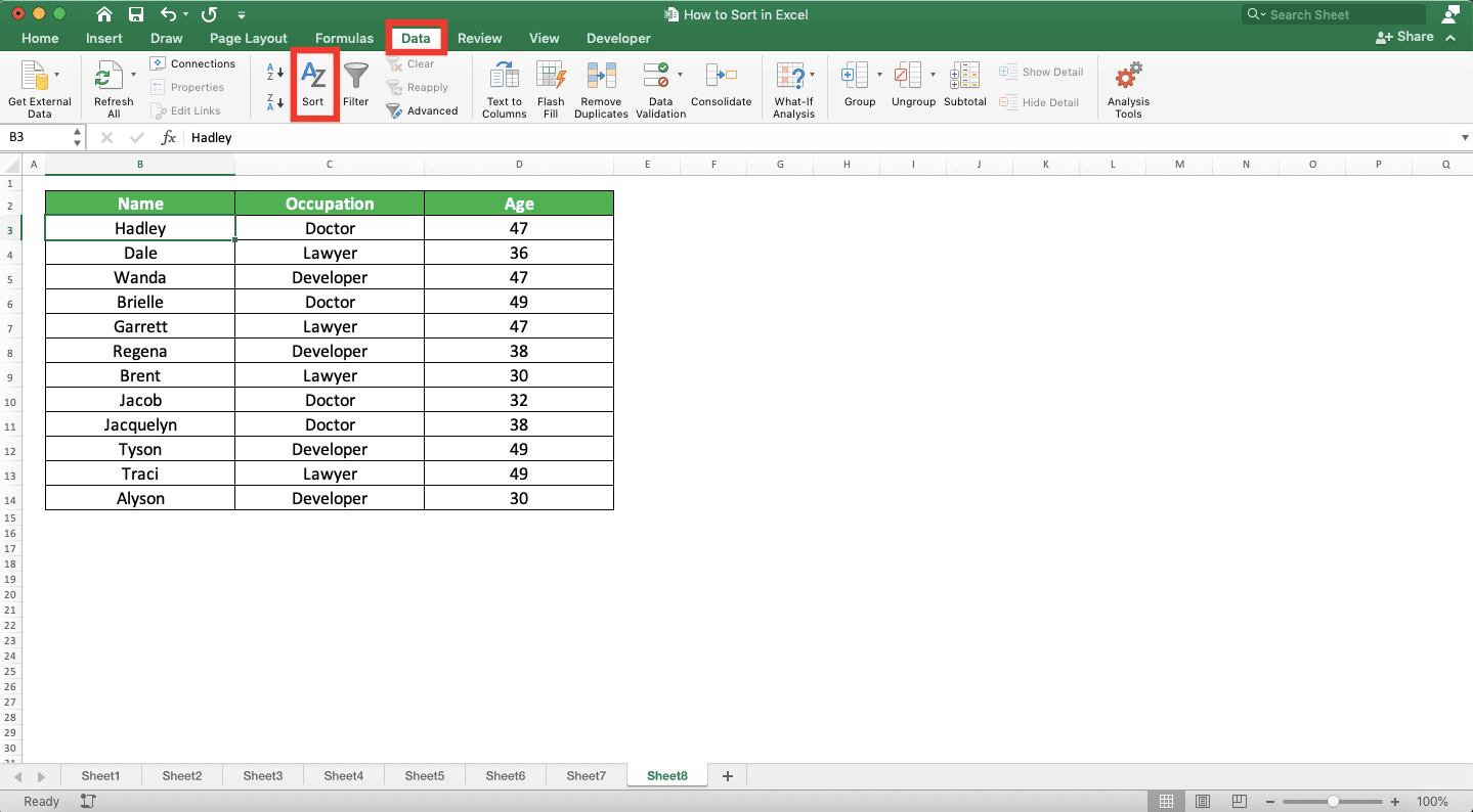 How to Sort in Excel - Screenshot of the Data Tab and Sort Button Locations