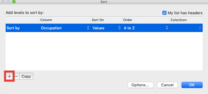 How to Sort in Excel - Screenshot of the Insert Button Location in the Sort Dialog Box