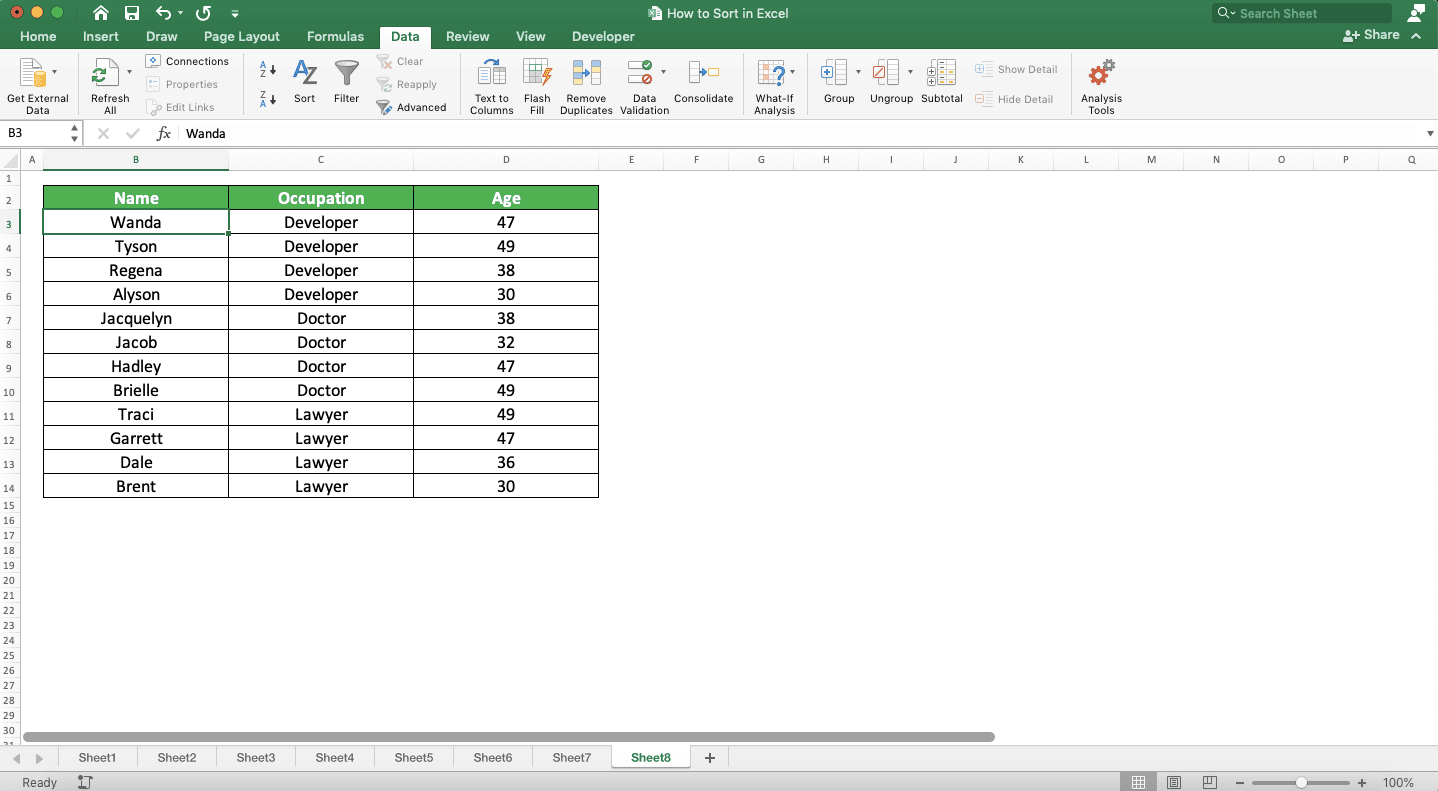 How to Sort in Excel - Screenshot of the Multi-Level Sort Result Example