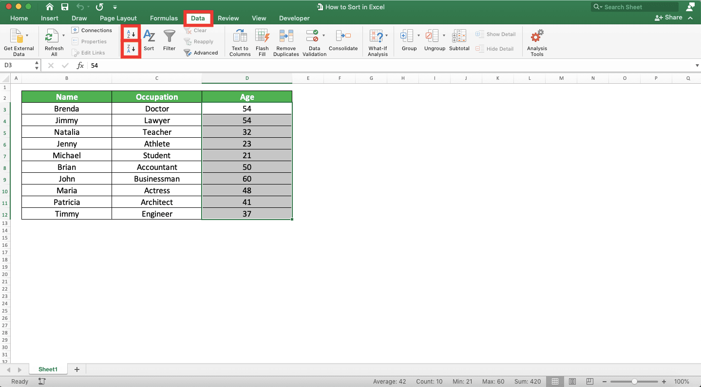 How to Sort in Excel - Screenshot of the Data Tab and Two Sort Buttons Locations