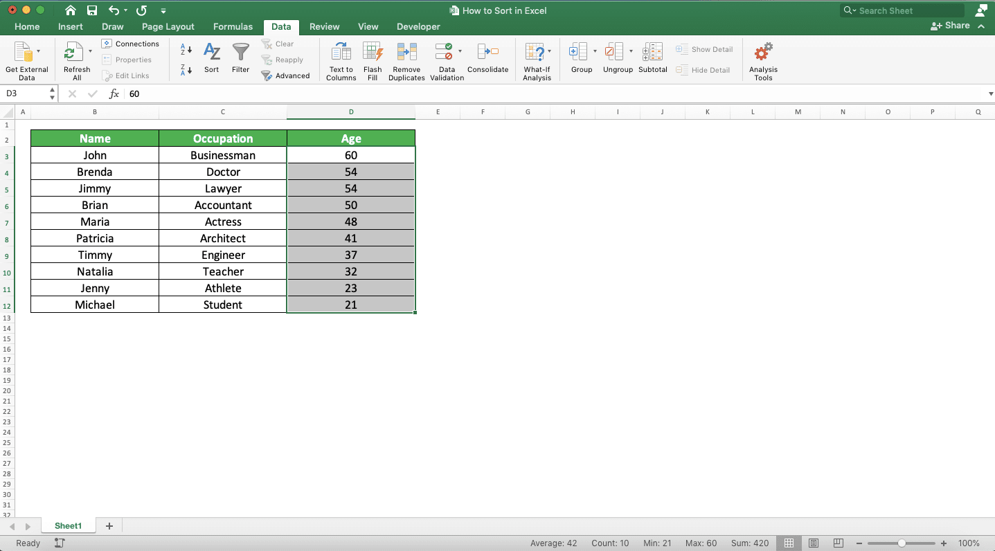 How to Sort in Excel - Screenshot of the Number Sort Result Example