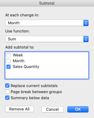 How to Sort in Excel - Screenshot of the Subtotal Dialog Box Settings Example