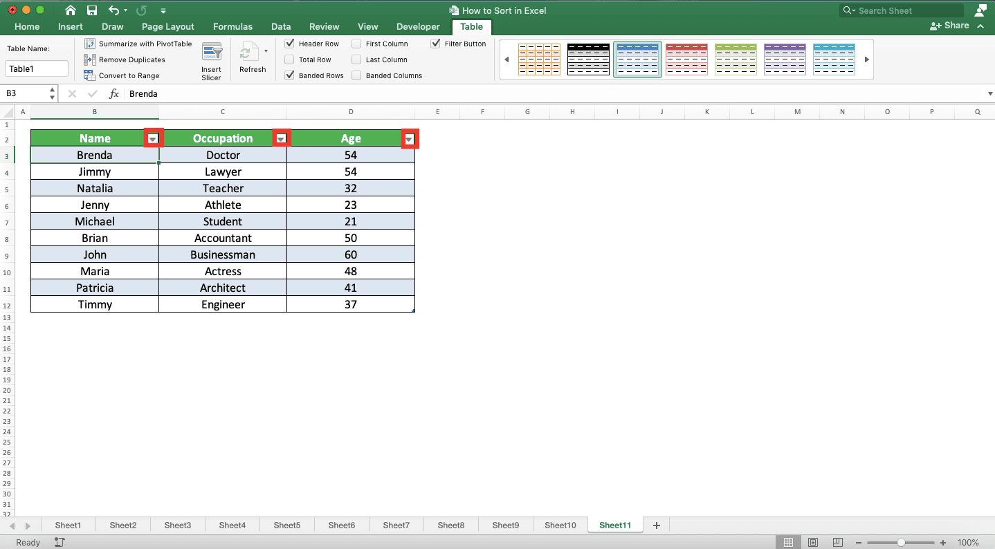 How to Sort in Excel - Screenshot of the Filter Buttons Example in an Excel Table