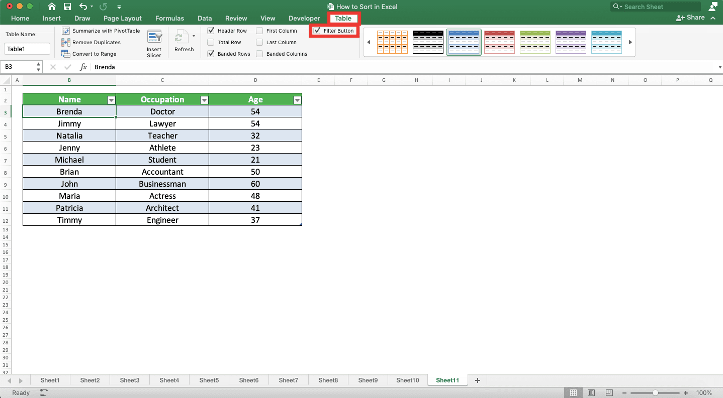 How to Sort in Excel - Screenshot of the Table Tab and Filter Button Check Box Locations