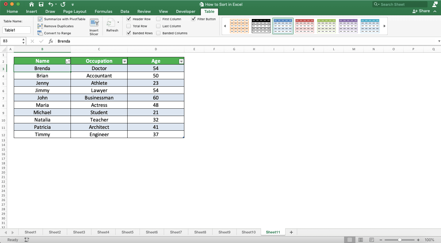 How to Sort in Excel - Screenshot of the Table Sort Result Example