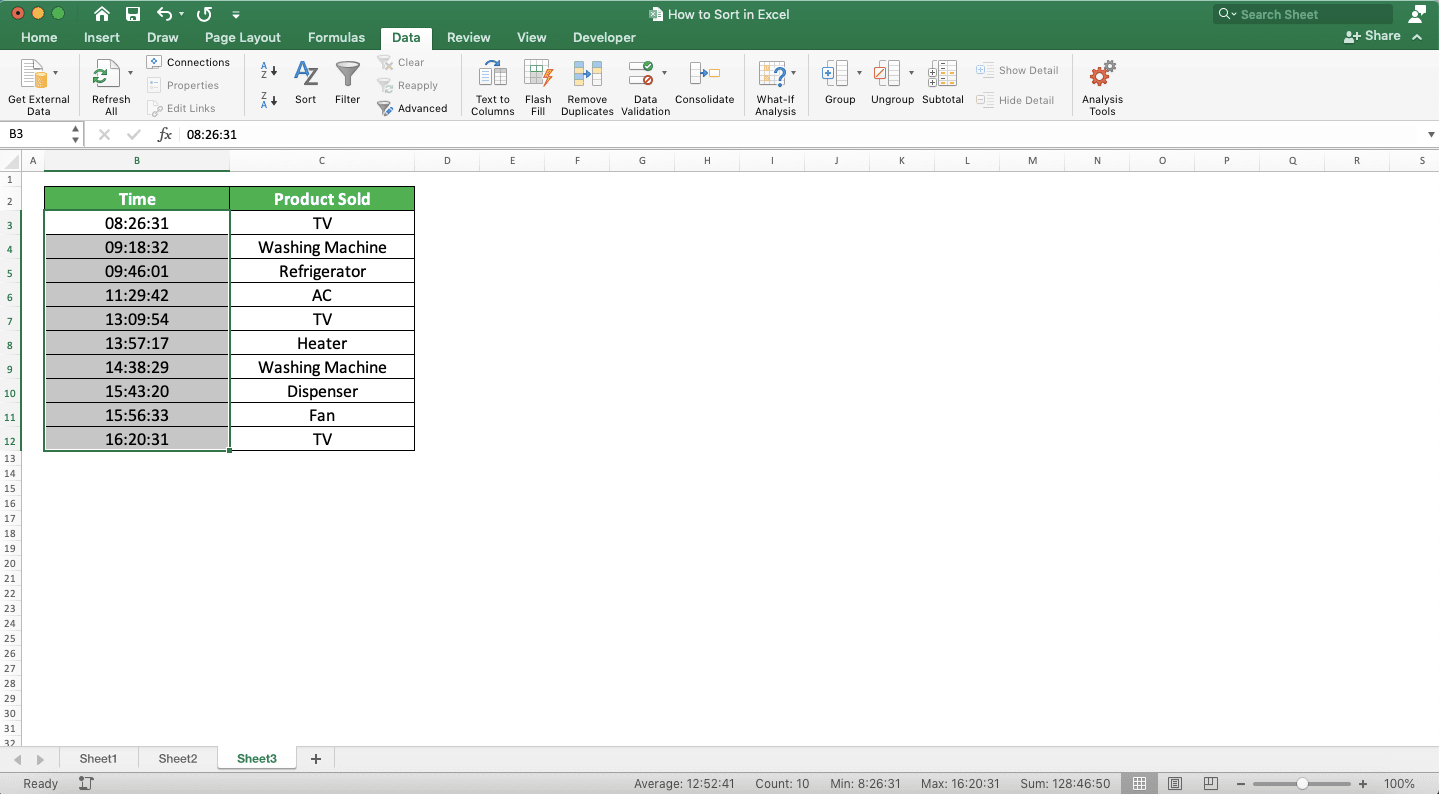 How to Sort in Excel - Screenshot of the Time Sort Result Example