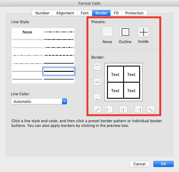 How to Make a Table in Excel - Screenshot of the Right Side of the Format Cells, Border Tab Dialog Box