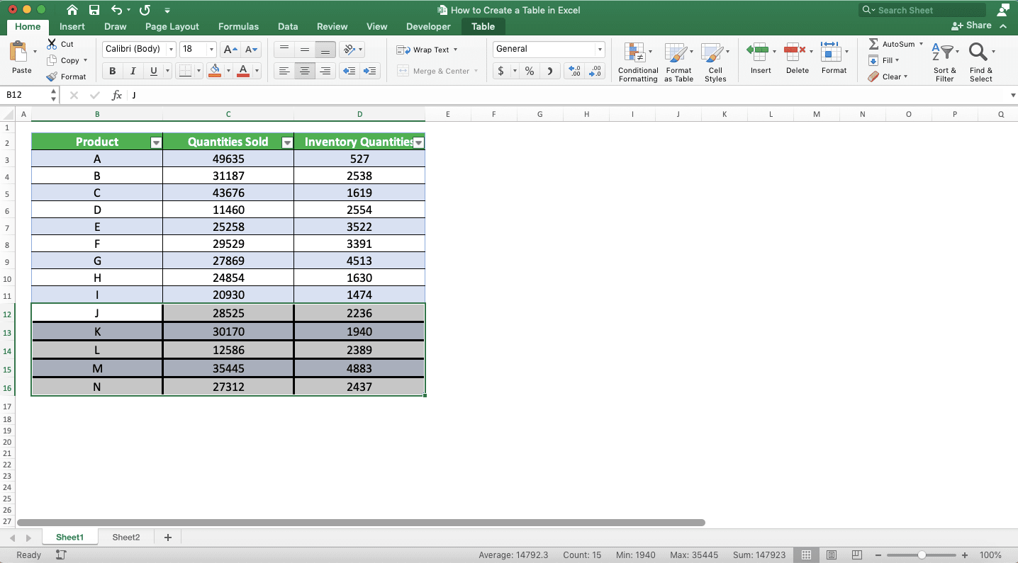 How to Make a Table in Excel - Screenshot of the Border Lines Settings Result in an Excel Table