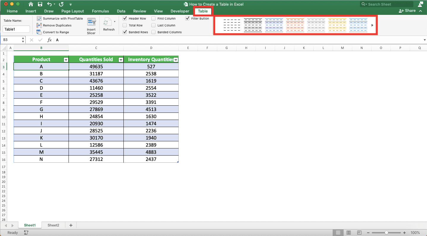 How to Make a Table in Excel - Screenshot of the Table Tab and Table Styles Scroll Bar Locations
