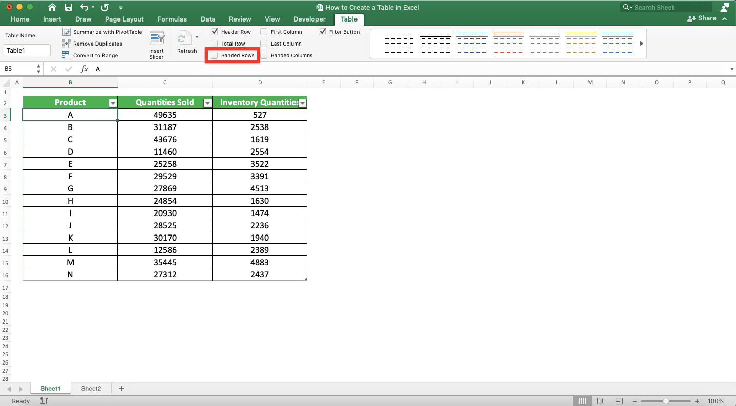 How to Make a Table in Excel - Screenshot of the Banded Rows Checkbox Location