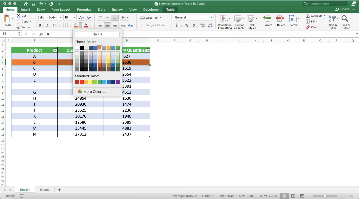 How to Make a Table in Excel - Screenshot of the Fill Button Dropdown Choices to Color an Excel Table