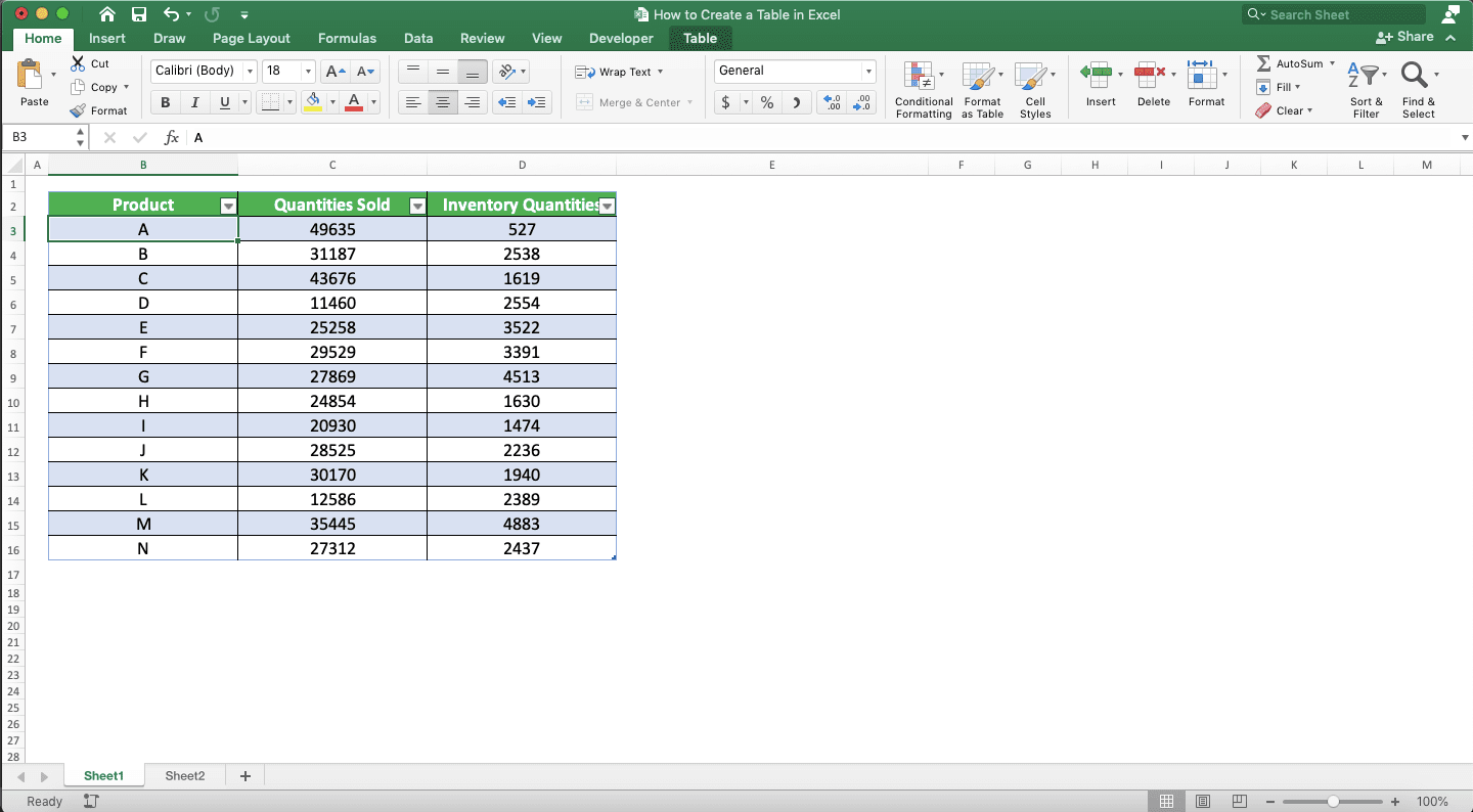 How to Make a Table in Excel - Screenshot of the First Table for Excel Tables Combination Process Example