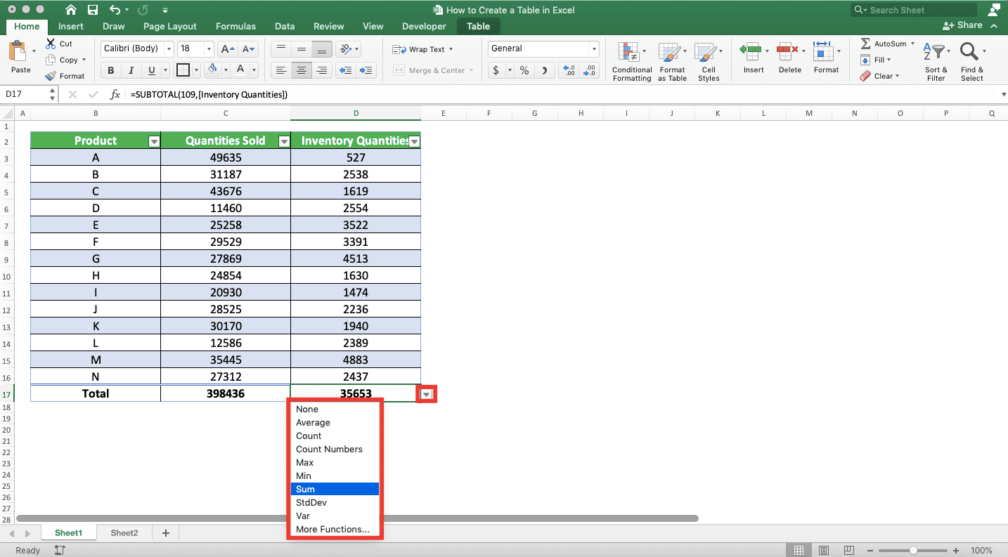 How to Make a Table in Excel - Screenshot of the Total Row Dropdown Choices in an Excel Table