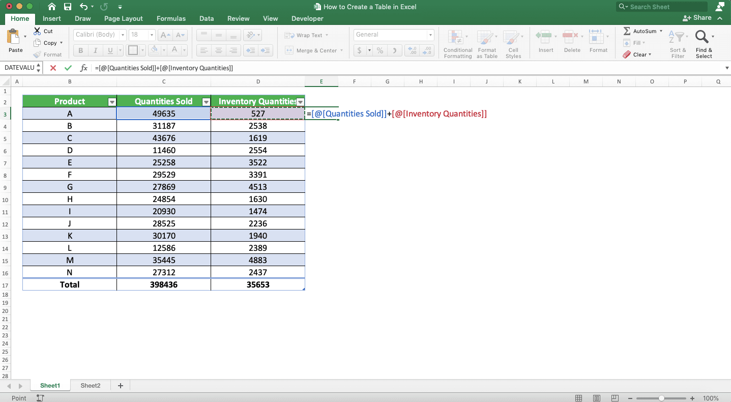 How to Make a Table in Excel - Screenshot of the Formula Typing Example in an Excel Table
