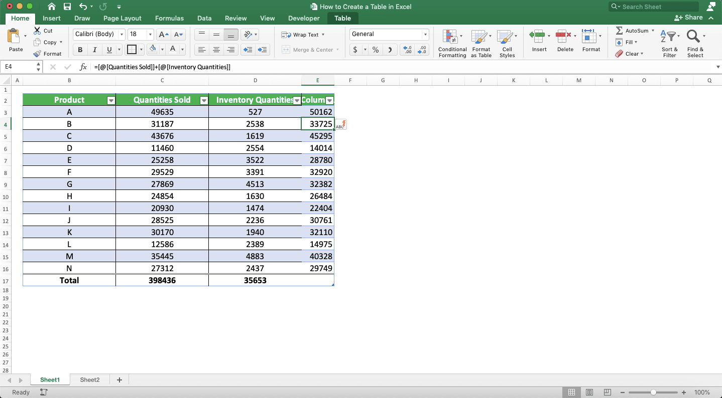 How to Make a Table in Excel - Screenshot of the Formula Application Result Example in an Excel Table