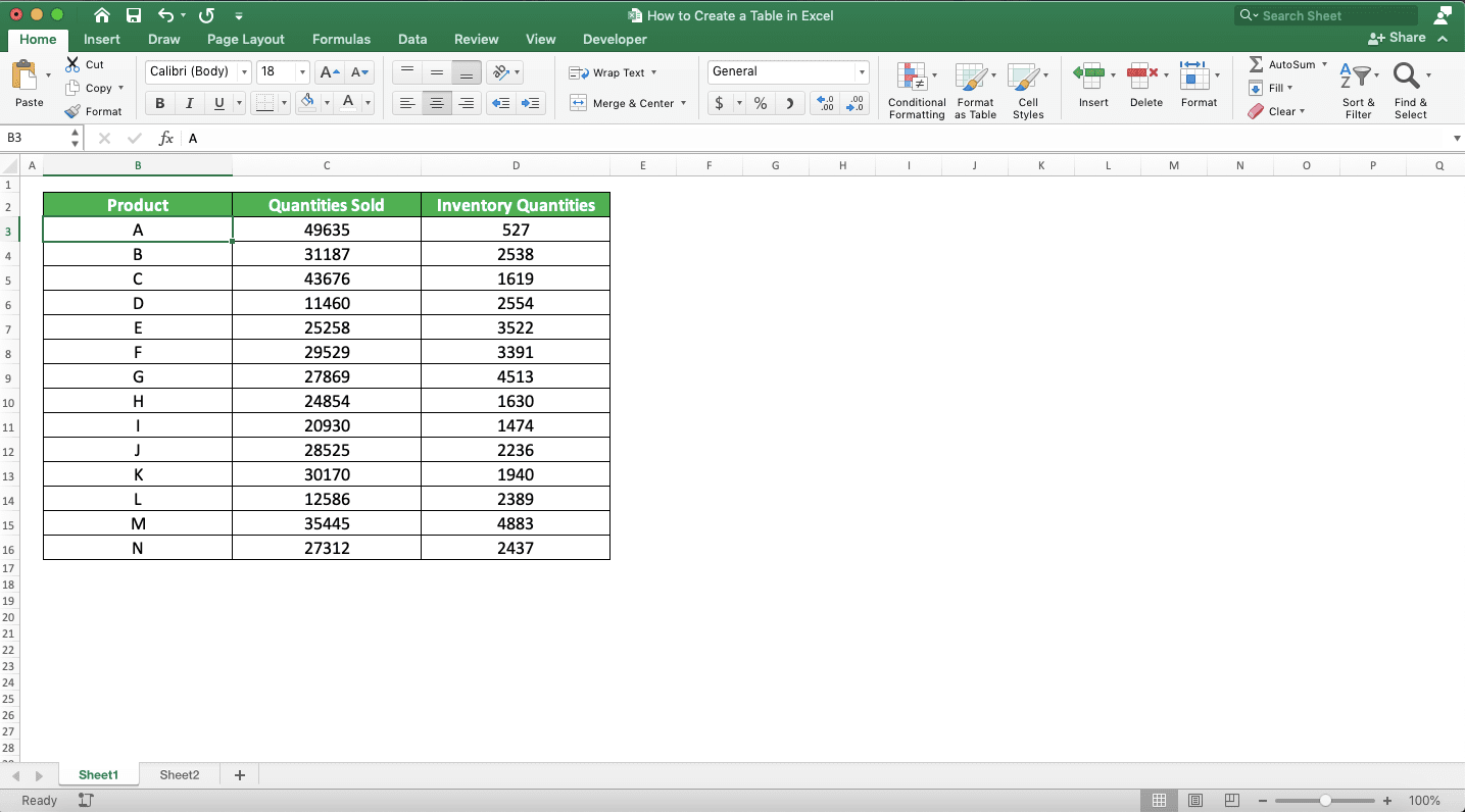 How to Make a Table in Excel - Screenshot of Step 1