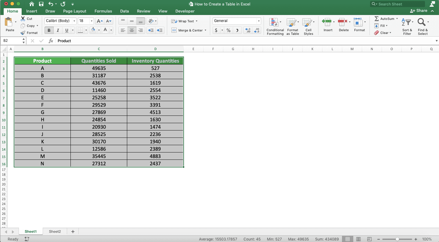 How to Make a Table in Excel - Screenshot of Step 2