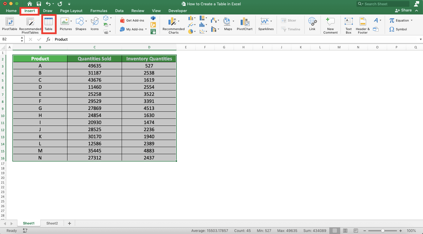 How to Make a Table in Excel - Screenshot of Step 3