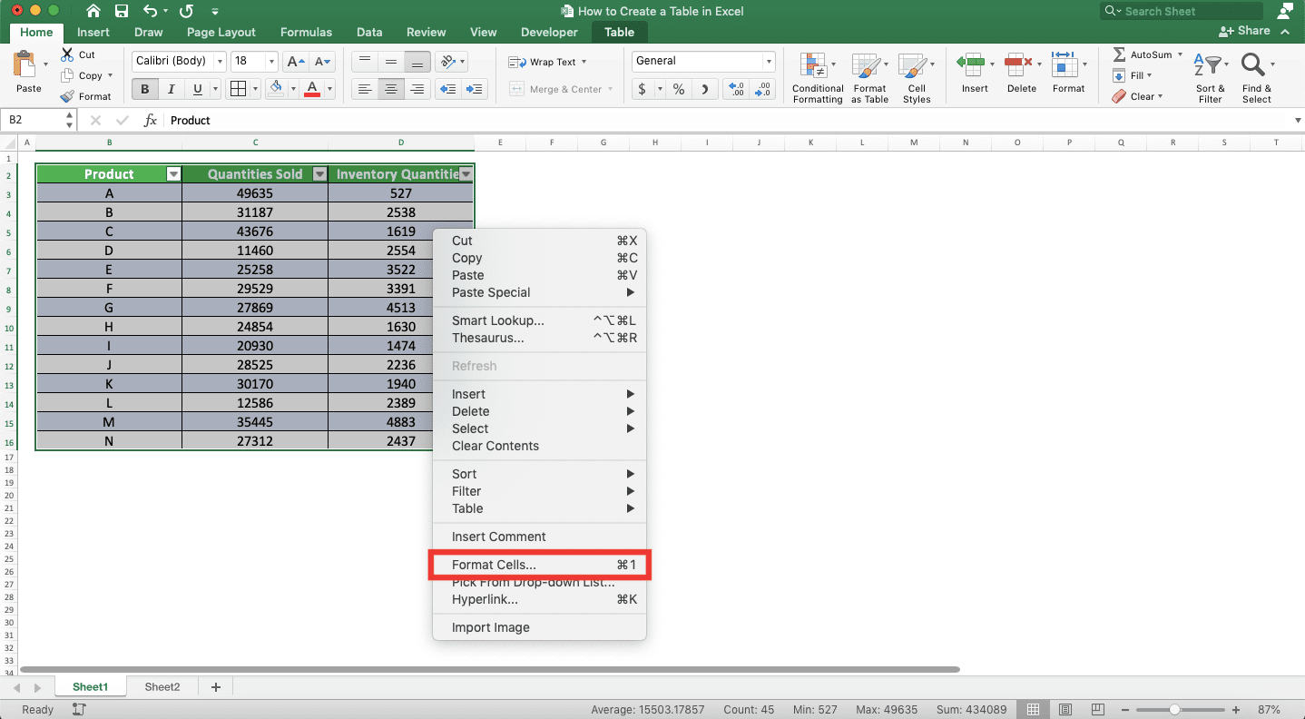 How to Make a Table in Excel - Screenshot of the Format Cells... Choice Location after Right-Clicking on an Excel Table