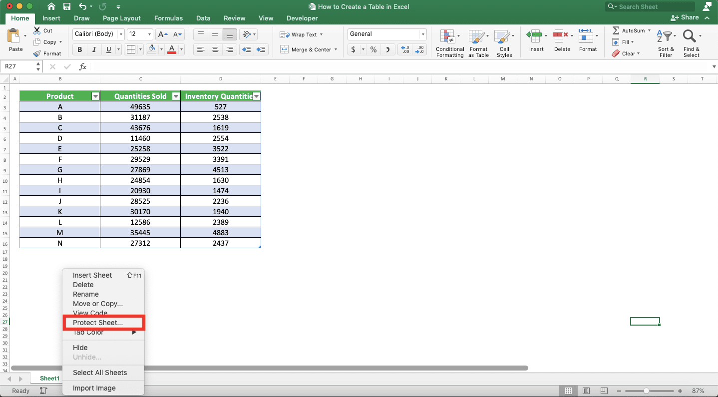 How to Make a Table in Excel - Screenshot of the Protect Sheet... Choice Location after Right-Clicking on a Sheet Tab