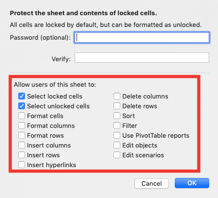 How to Make a Table in Excel - Screenshot of the Setting Part in the Protect Sheet Dialog Box