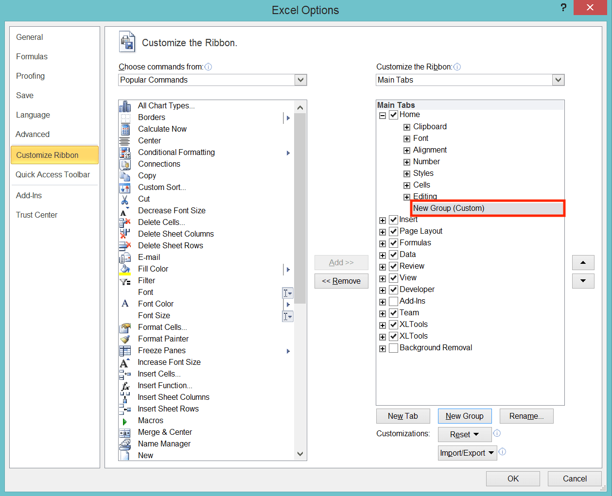 How to Make a Table in Excel - Screenshot of the New Group Example in the Customize the Ribbon... Dialog Box