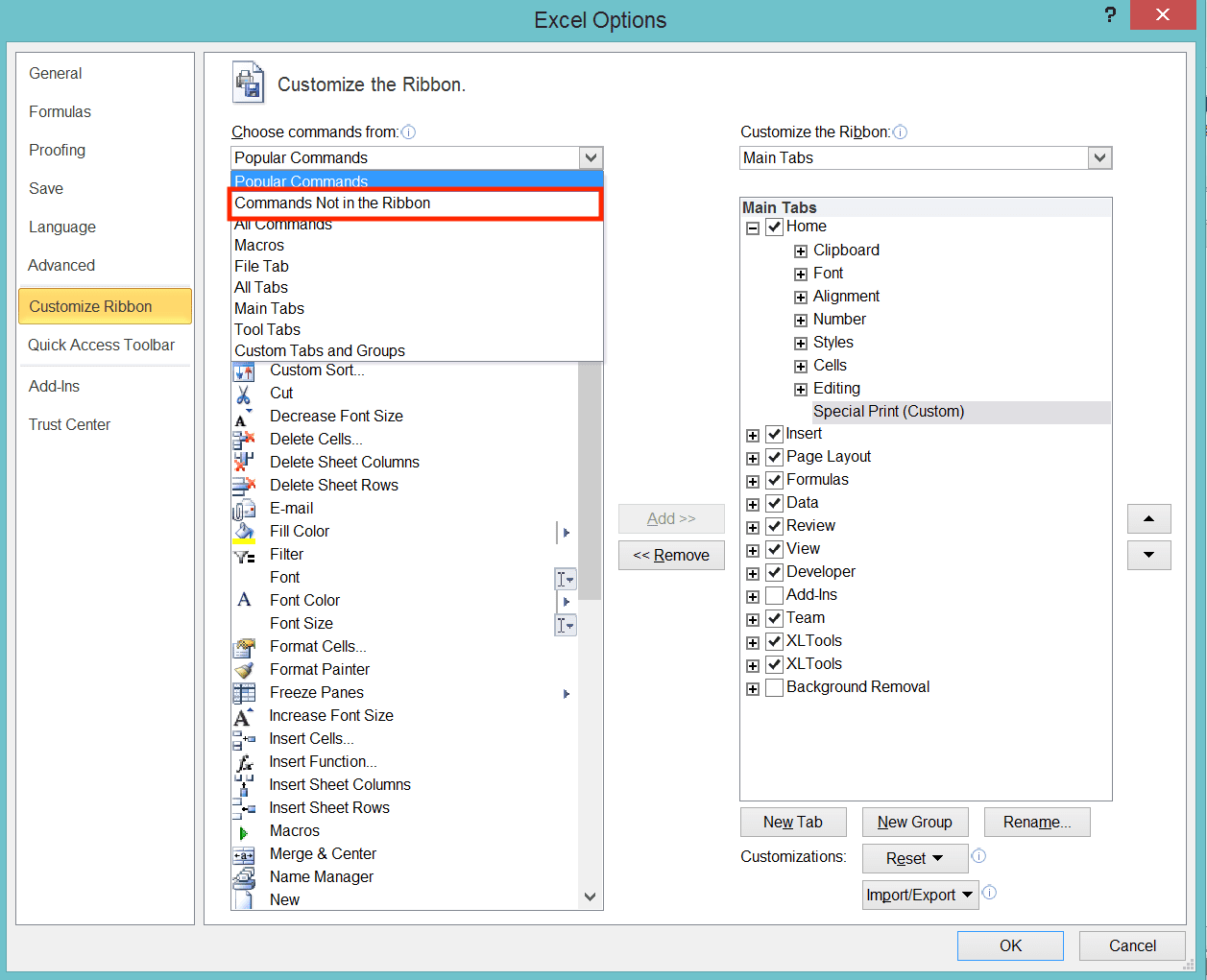 How to Make a Table in Excel - Screenshot of the Choose Commands Not in the Ribbon Choice in the Choose Commands from the Dropdown List