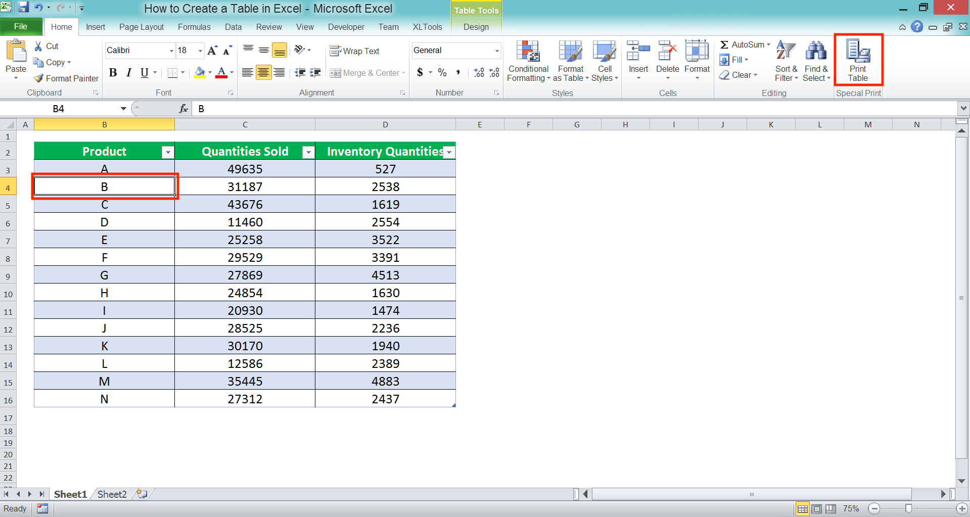 How to Make a Table in Excel - Screenshot of the Print List Button Usage Example
