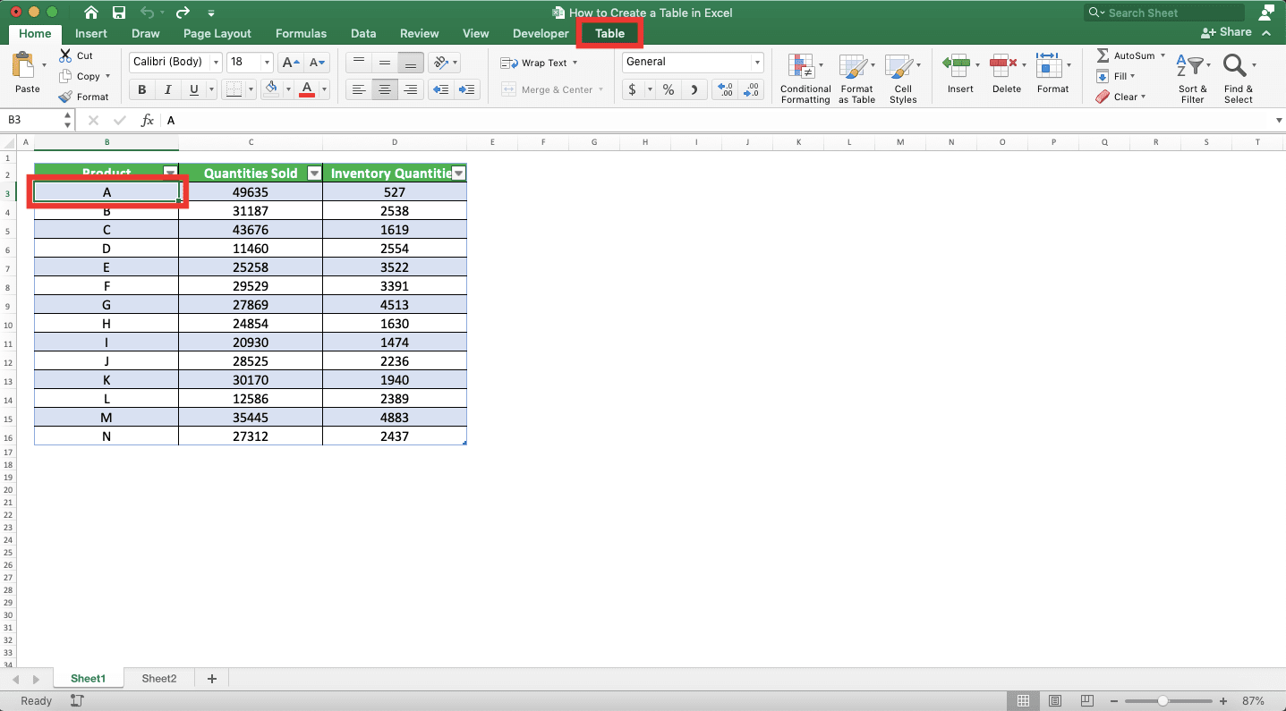 How to Make a Table in Excel - Screenshot of the Cell Cursor in an Excel Table and the Table Tab Location