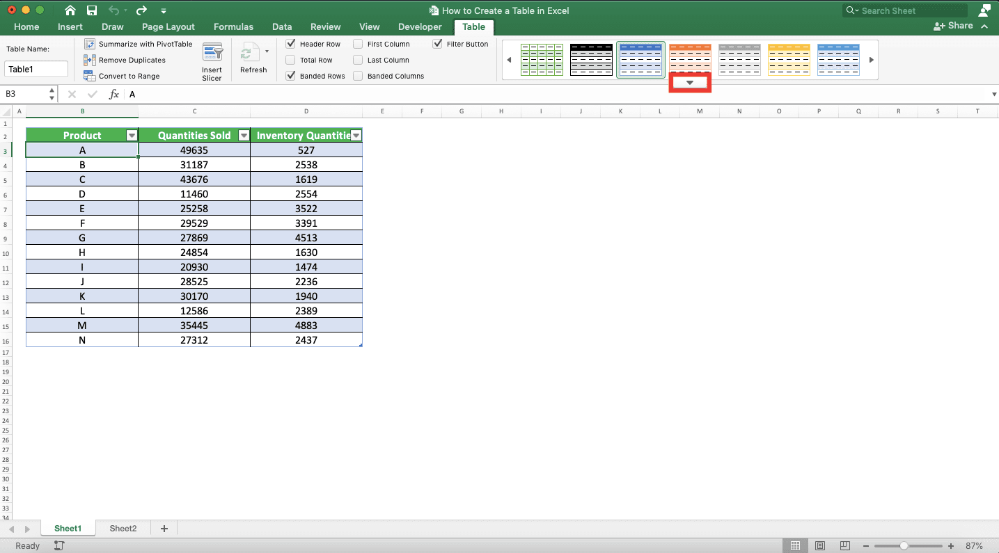 How to Make a Table in Excel - Screenshot of the Down Arrow Button Location in the Table Styles Scroll Bar