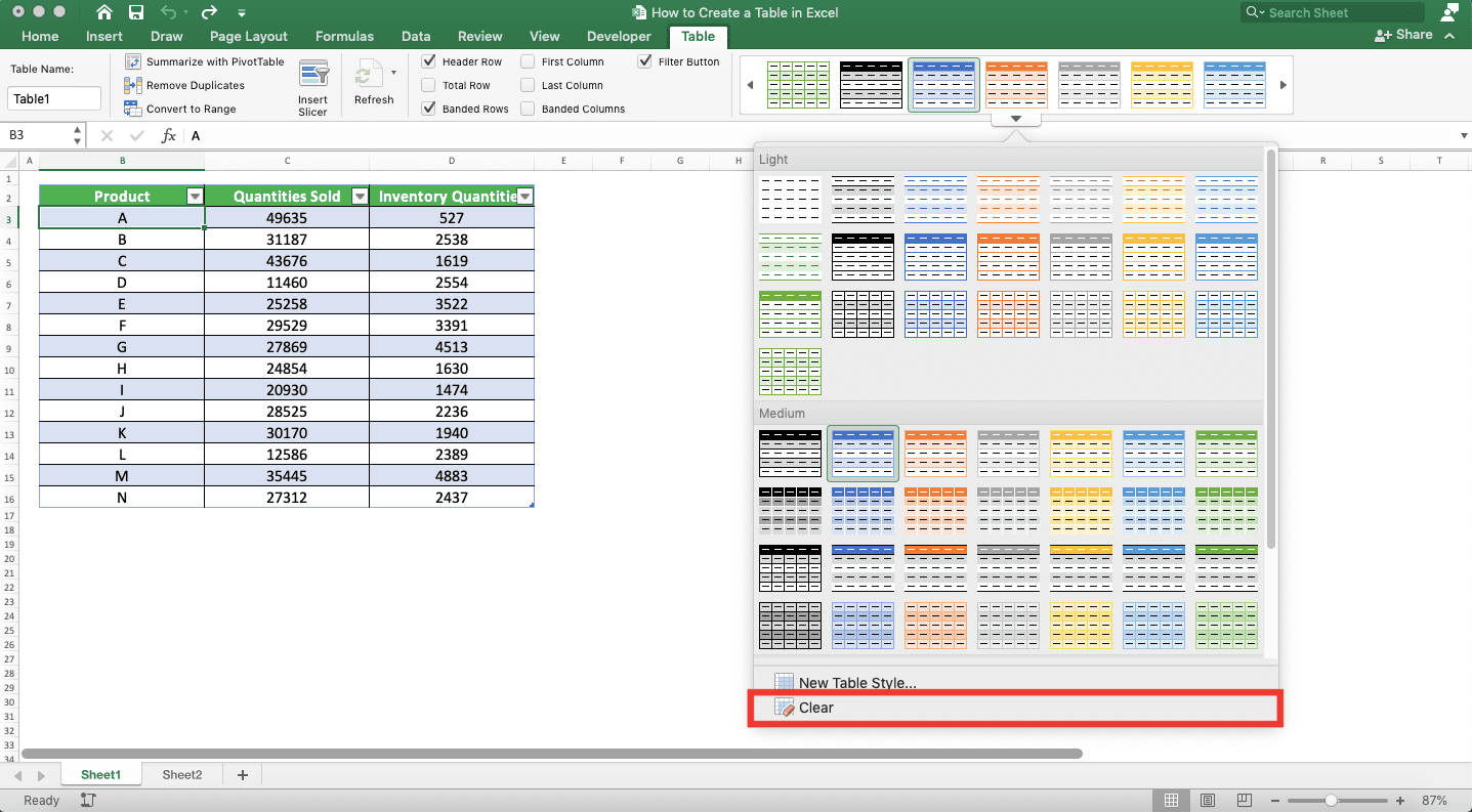 How to Make a Table in Excel - Screenshot of the Clear Choice in the Table Styles Dialog Box