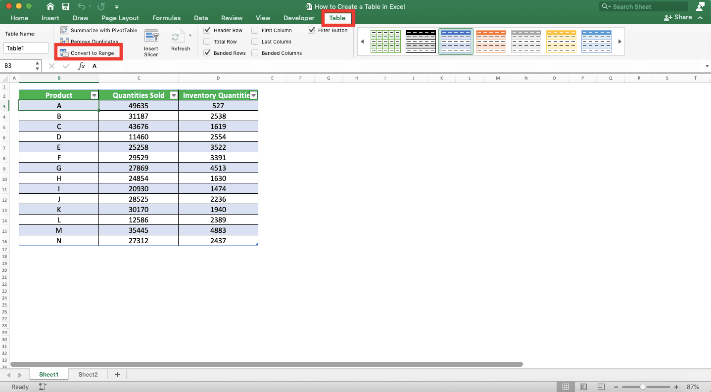 How to Make a Table in Excel - Screenshot of the Table Tab and Convert to Range Button Locations