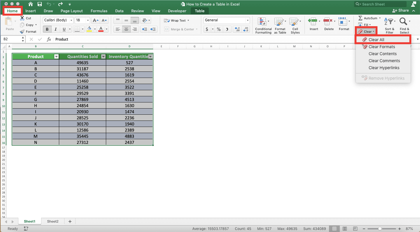 How to Make a Table in Excel - Screenshot of the Home Tab, Clear Button Dropdown, and Clear All Choice Locations