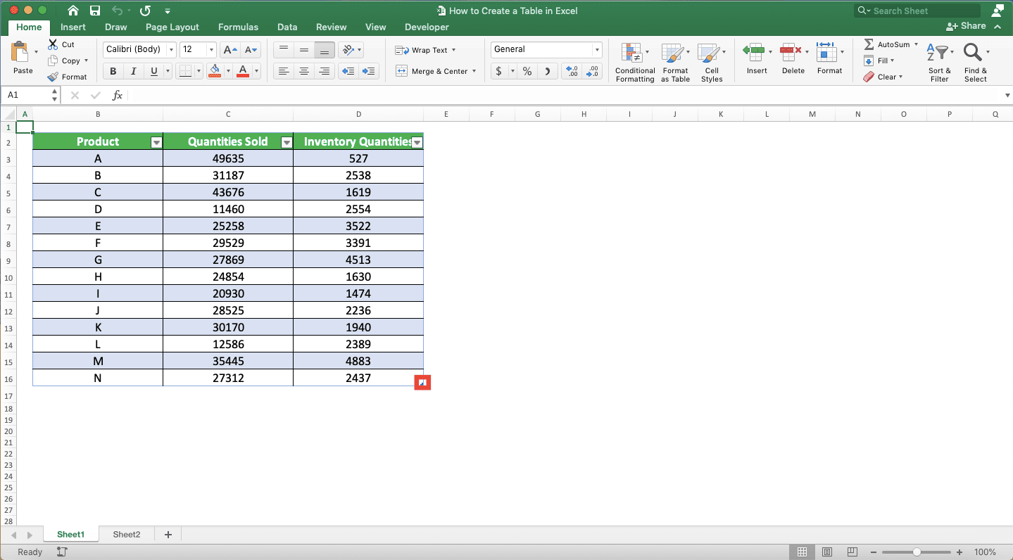 How to Make a Table in Excel - Screenshot of a Little Mark at the Bottom Right of an Excel Table