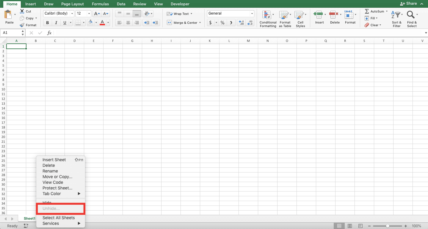 How to Unhide Sheets in Excel - Screenshot of the Unhide... Choice Appearance Example if There Is No Hidden Worksheet