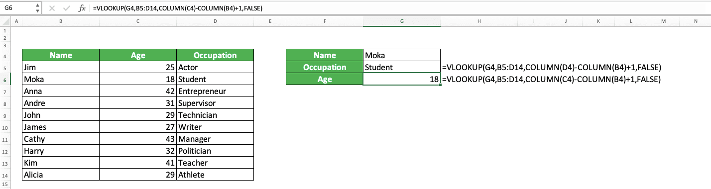 VLOOKUP Column Index Number: What is It and How to Input It Correctly? - Screenshot of the VLOOKUP COLUMN Combination Implementation Example for a More Automatic VLOOKUP Column Index Number