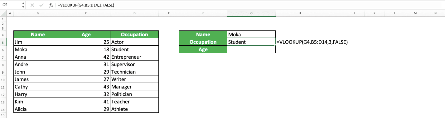 VLOOKUP Column Index Number: What is It and How to Input It Correctly? - Screenshot of the VLOOKUP Column Index Number Determination Example 1